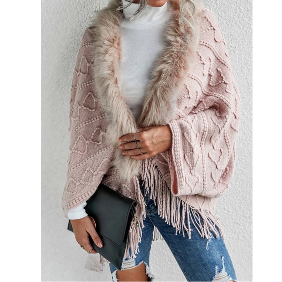 Faux Fur Pink Textured Knit Open Cardigan - Picture 5 of 11